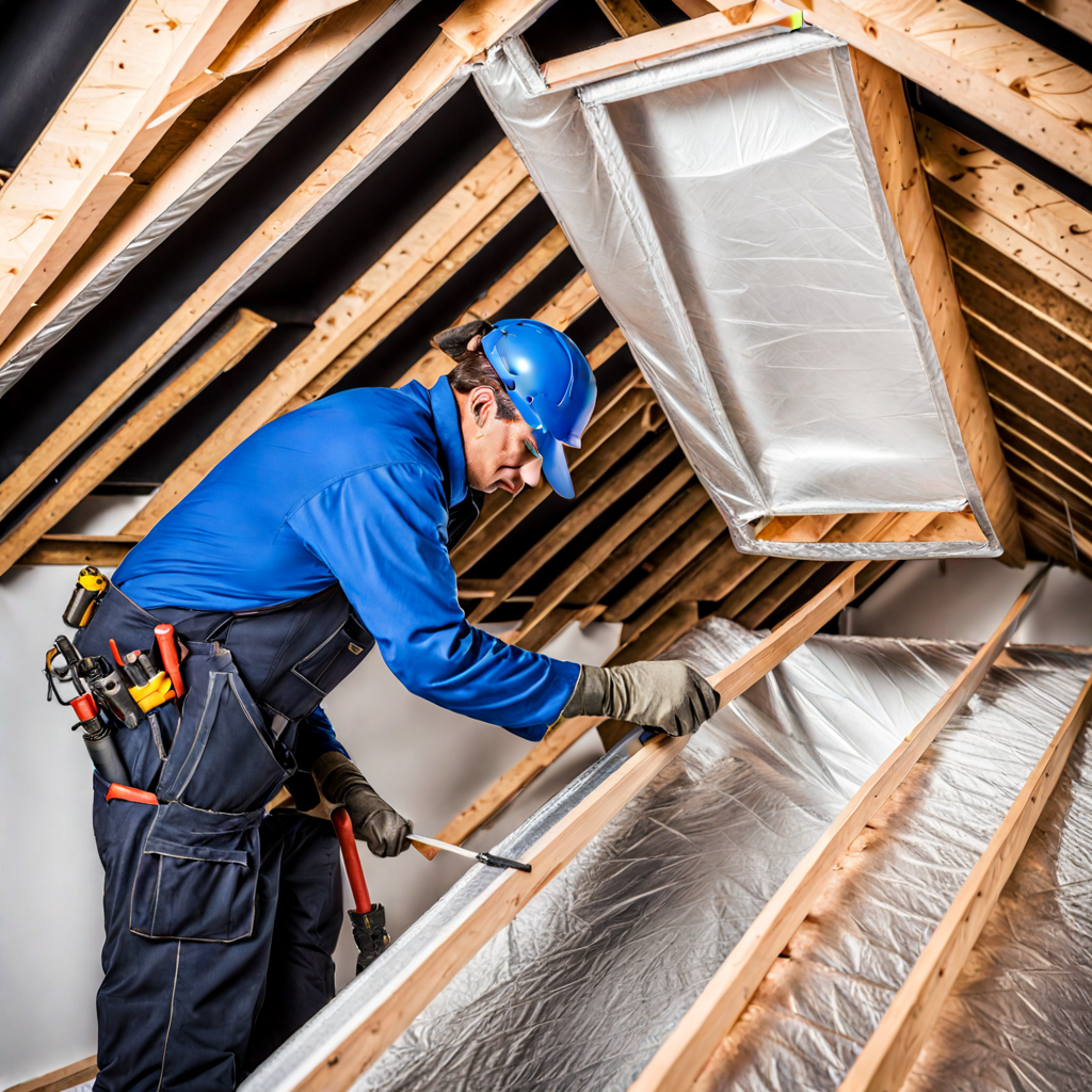 A worker doing radiant barrier attic insulation installation